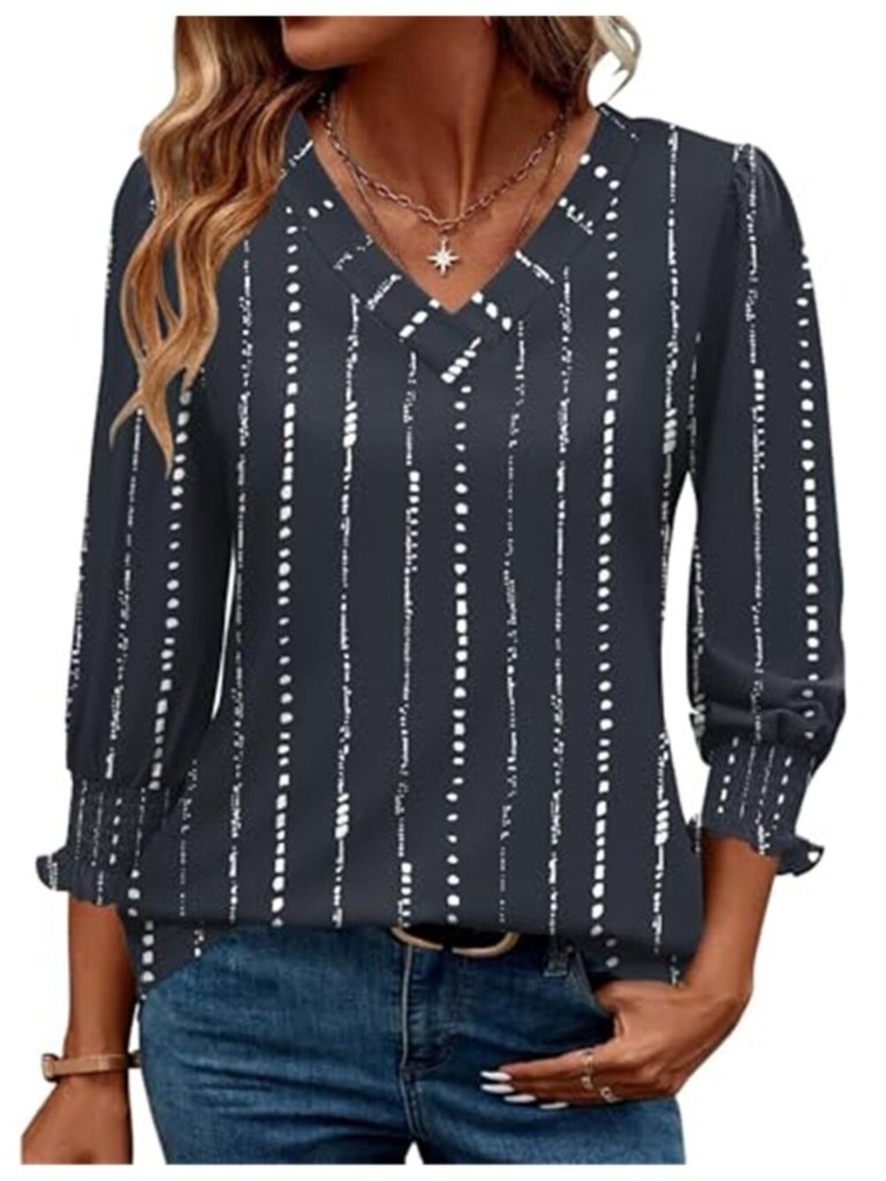 Black White Striped Puff Sleeve V Neck Blouse Top 3/4 Sleeve Smocked Casual Chic